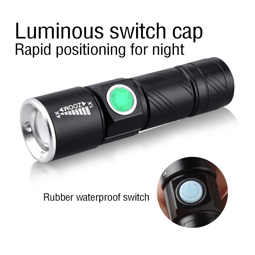 Mini LED Flashlight USB Rechargable Glare Telescopic Zoom Portable Torch 3 Mode Waterproof Flash Light for Outdoor Camping Climb