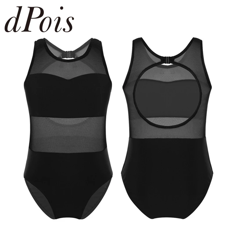 Kids Girls Sleeveless Mesh Splice Ballet Leotard Gymnastics Leotard Cutout Back Sports Bodysuit Jumpsuit Ballerina Dancewear