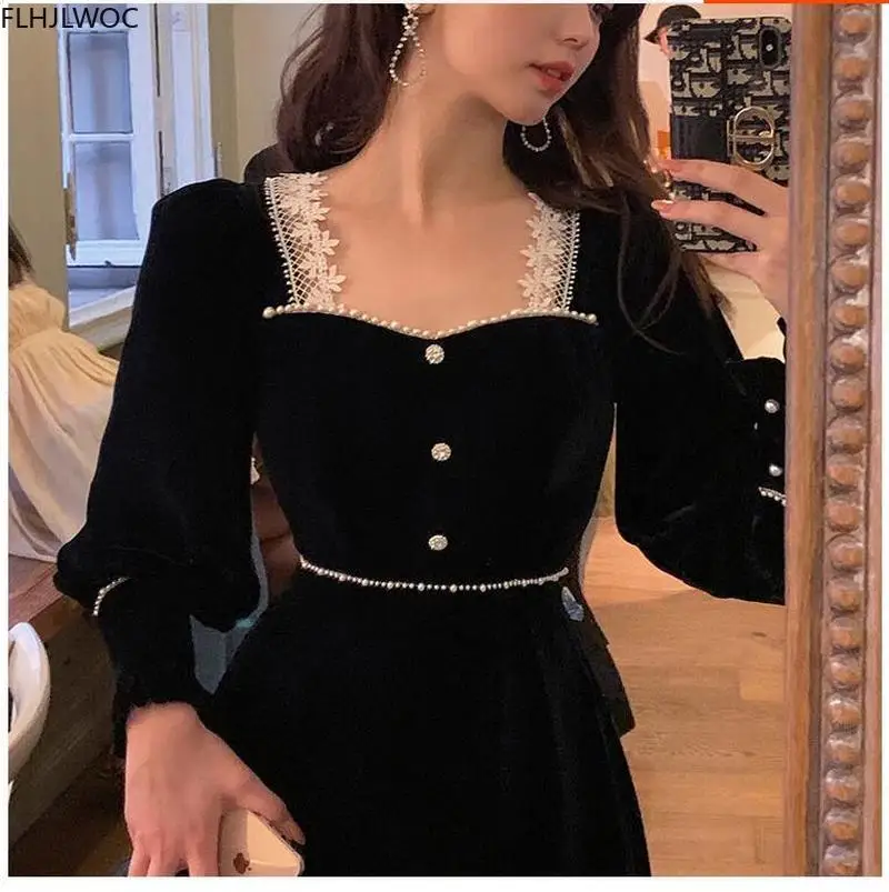 Robe élégante en dentelle blanche et noire pour femme, tenue de soirée à manches longues, Style français, à la mode, Patchwork, N3002