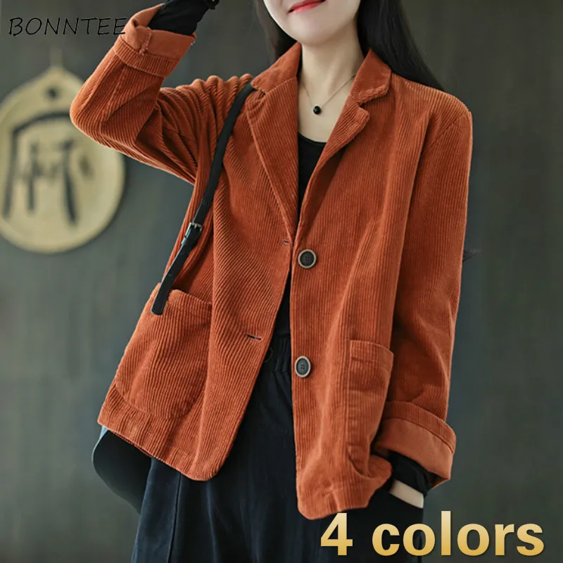 Blazers en velours côtelé pour femmes, vintage, pur, Harajuku, simple, automne, All-match, Retro, Ins imprimés