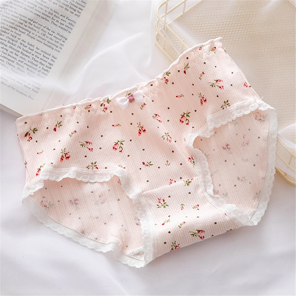 

Sweet Bow, lace lace, little flowers, threaded panties, 100% cotton, crotch, middle waist, fanny pack, girly briefs T1718