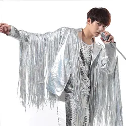 Stage Costumes For Singers Mens Silver Tassels Jacket Rock Punk DJ Outfits Nightclub Male Leather Performance Costume BL2191