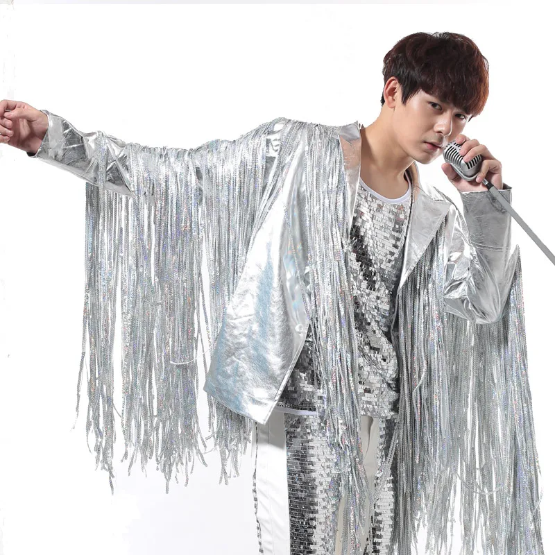 Stage Costumes For Singers Mens Silver Tassels Jacket Rock Punk DJ Outfits Nightclub Male Leather Performance Costume BL2191