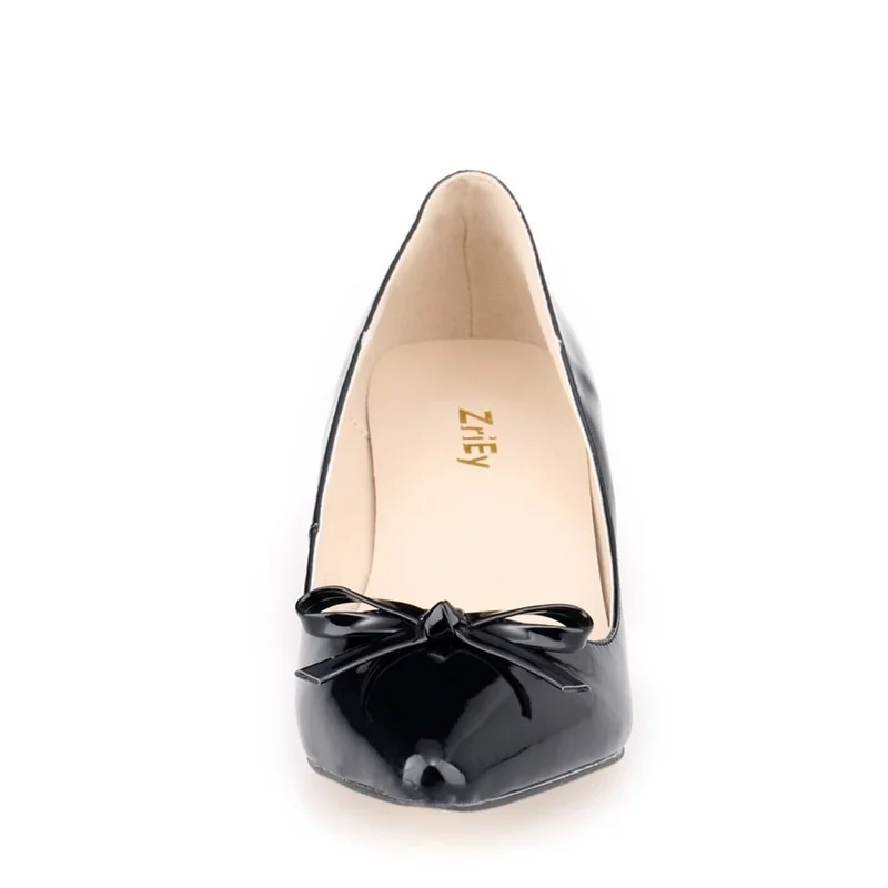 LOSLANDIFEN Women Sexy Low Mid Kitten Heels Shoes PU Patent Leather Pointed Toe Work Pumps With Bowknot wedding shoes 678-3