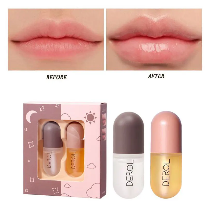 2pcs/set Day Night Lip Plumper Lip Enhancer Natural Lip Serum Moisturized Clear Sexy Lip Oil Fuller & Hydrated Lips Makeup