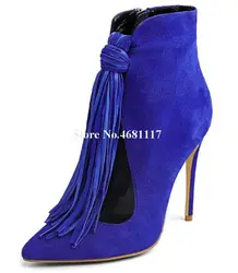 Tassels Hollow Short Women Boots Elegant Fashion Pointed Toe Suede Leather Black Blue Cut-out Fringes High Heel Ankle Boots