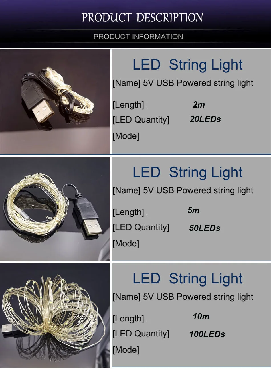 2/5/10M USB LED String Lights Copper Silver Wire Garland Light Waterproof Fairy Lights For Christmas Wedding Party Decoration