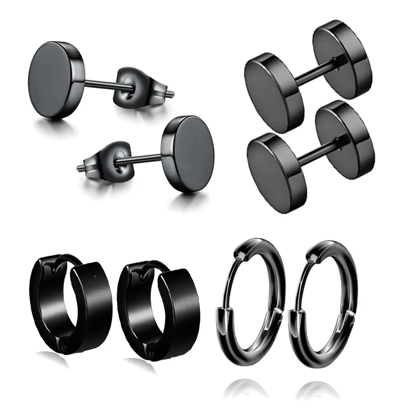 1 Set 4 Pair Different Types Shape Unisex Black Color Stainless Steel Piercing Earring For Women Men Punk Gothic Barbell Earring