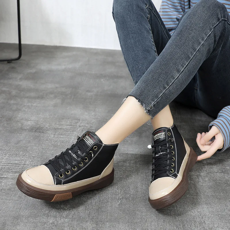Women\'s Genuine Leather Autumn Shoes First Layer Cowhide Vulcanized Shoes Ladies Comfortable Warm Winter Casual Sneakers Flats