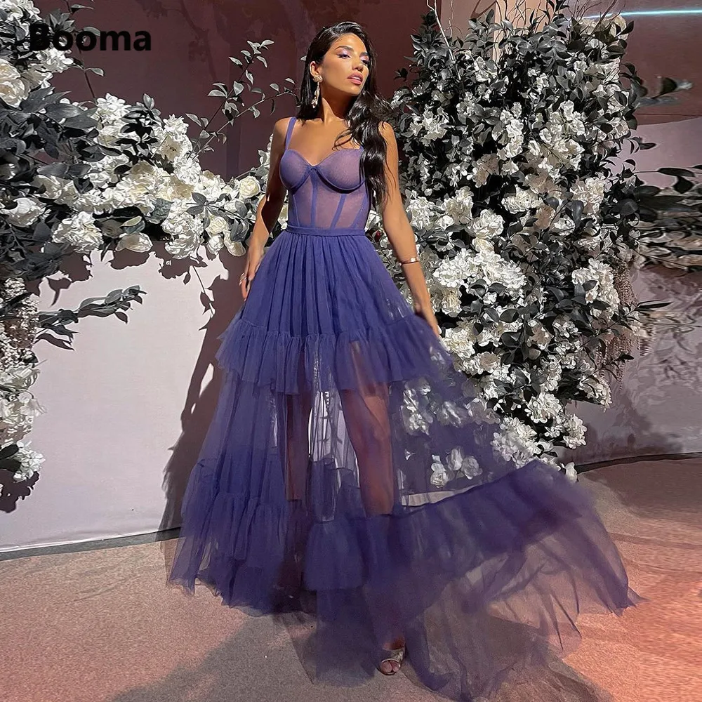 Booma – robe de bal en Tulle violet, à plusieurs niveaux, effet d'illusion, bretelles Spaghetti, jupe à volants, ligne a, robes de soirée formelles, 2021