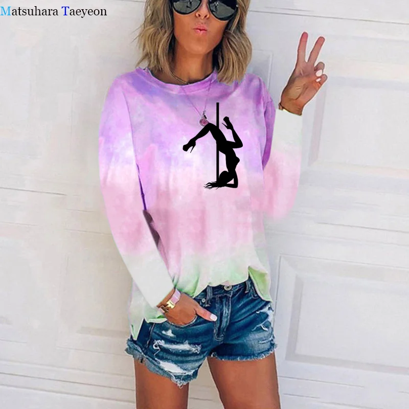 Fashion Autumn T Shirts Sexy Girl Pole Dancing Shirts for Women Popular Tie-dyed Tee Shirt Femme Long Sleeves T Shirt Women Tops