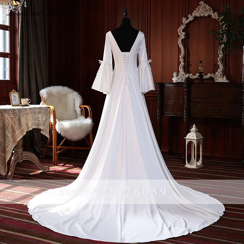 Lceland Poppy Elegant V Neck Soft Satin A-line Wedding Dresses Long Flare Sleeves Floor Length Bridal Gowns Court Train