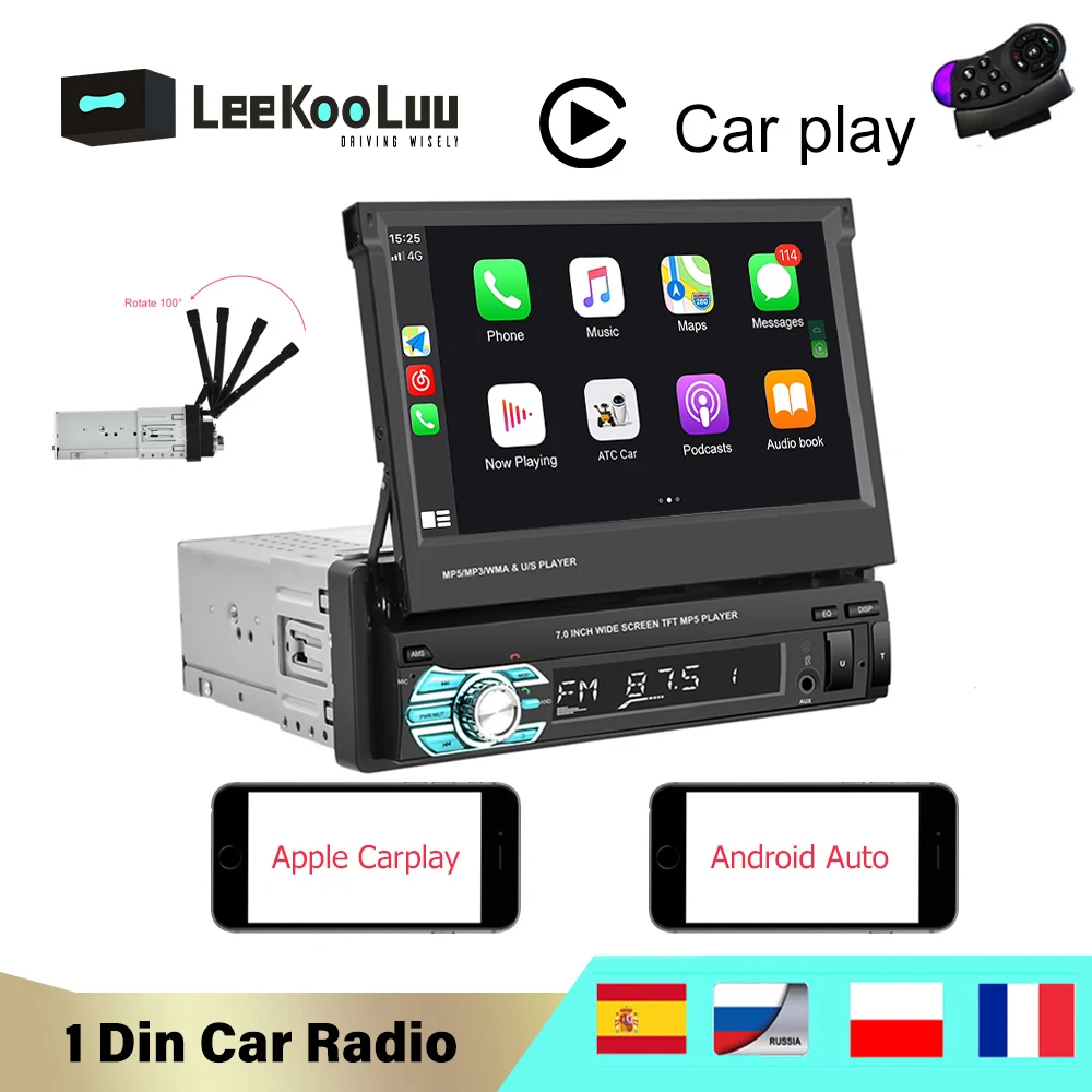 LeeKooLuu 1Din Radio samochodowe wbudowany Carplay Android automatycznie chowana wyświetlacz 1 Din Autoradio pojedynczy Din Stereo sterowanie