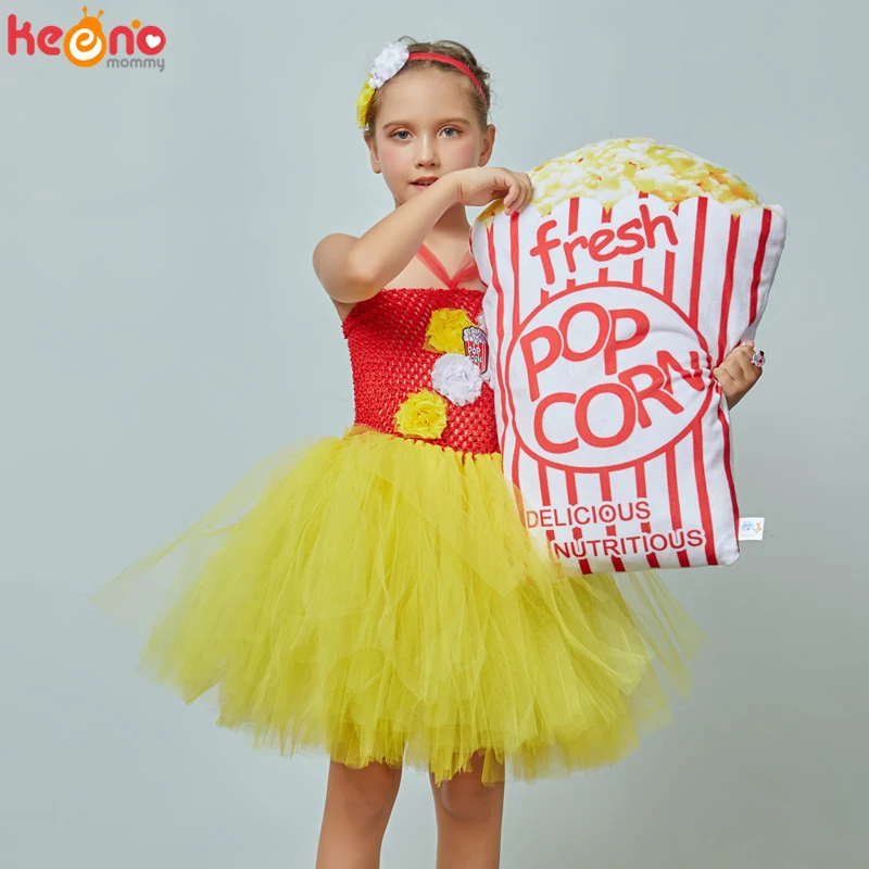 Popcorn Inspired Girls Tutu Dress Children Carnival Birthday Party Costume Circus Popcorn Fancy Kids Baby Food Clothes