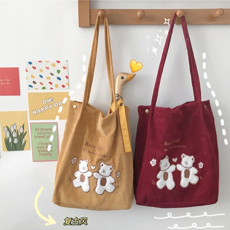 Canvas Handbag with Cute Bears Shopper Bags for Women Large Capacity Bag Solid Color Shoulder Bag