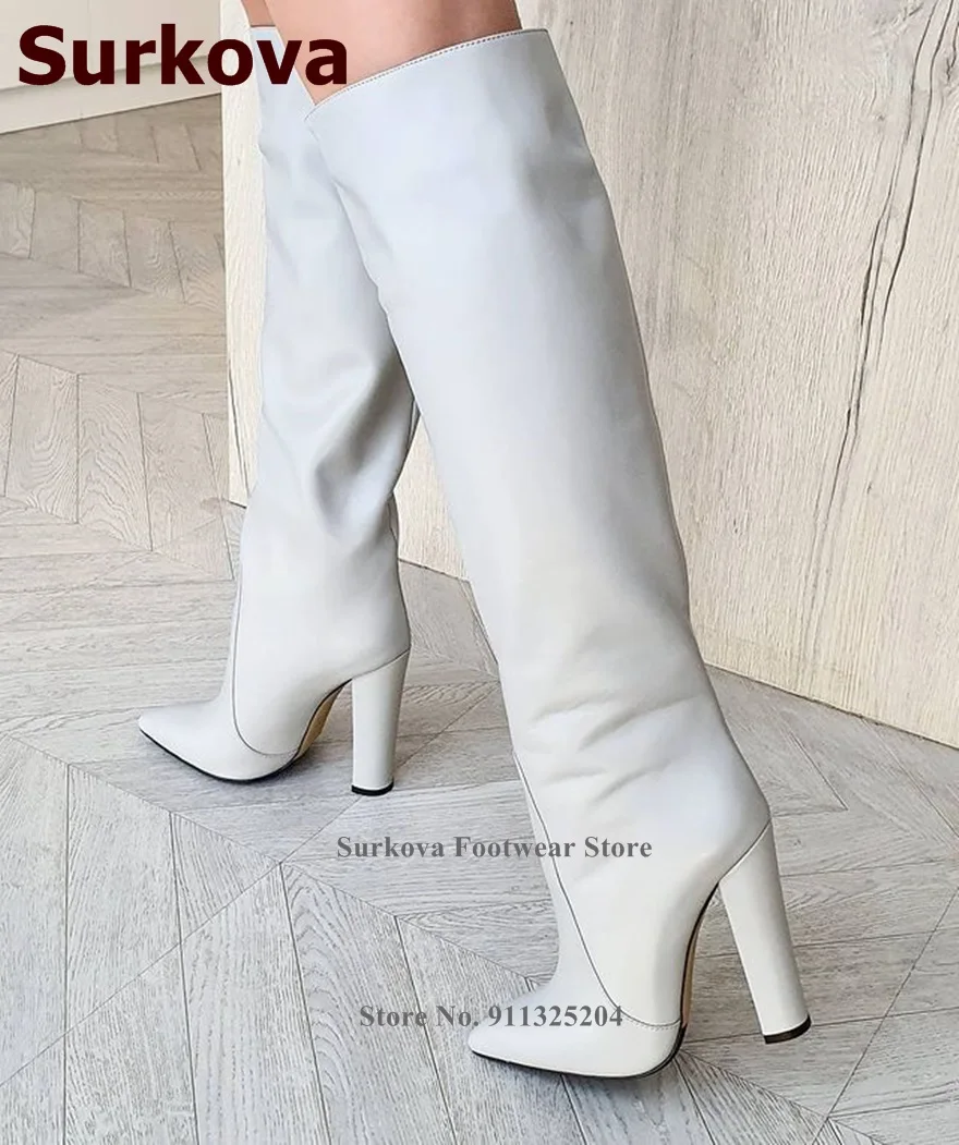 Surkova Nude White Chunky Heel Knee High Boots Pointed Toe Slip-on Dress Shoes Fall Winter Outdoor Pumps Long Boots Size46