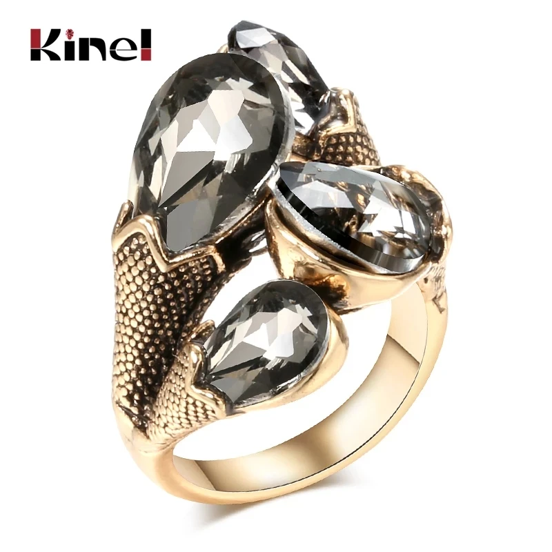 Kinel Unique Well-cut Glass Crystal Vintage Rings For Women Antique Gold Water Drop Zircon Rings Boho Jewelry Party Accessories