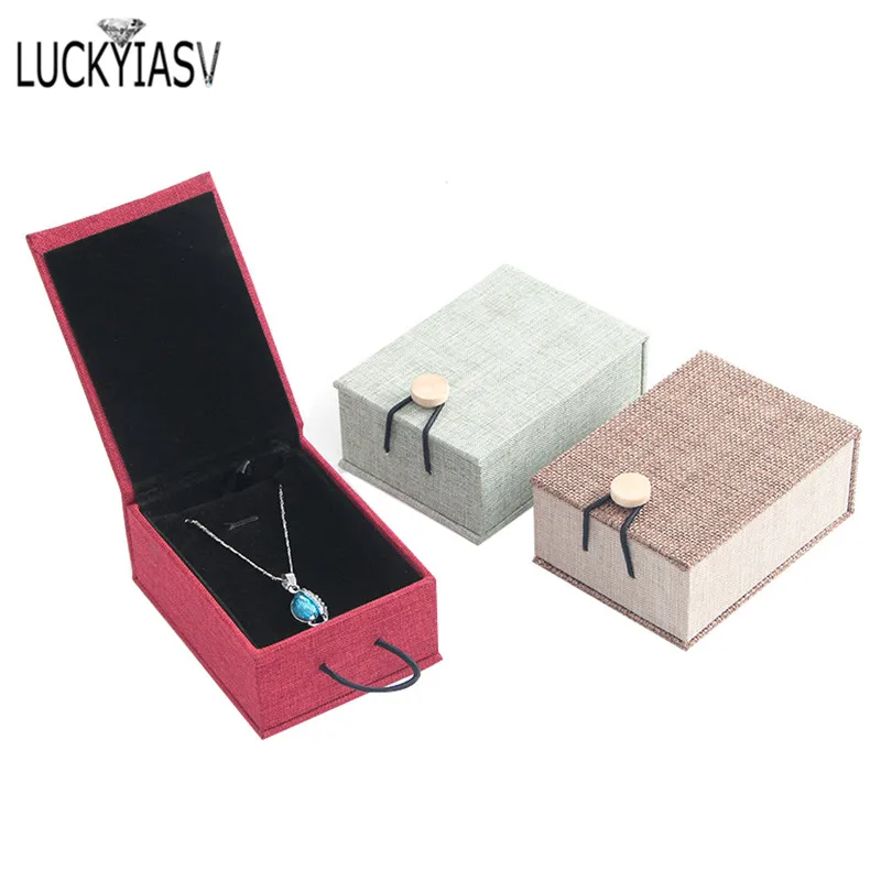 3 Colors Retro Luxury Linen Pendant Box Rectangular Flax Calligraphy Earring Pendant Storage Gift Box For Necklace Display