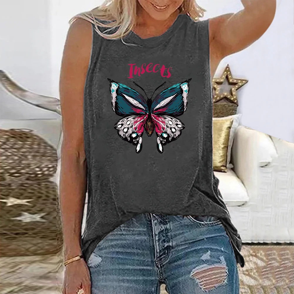 Seeyoushy Graphic Tee Shirt Femme Insects Butterfly Print Funny Women Shirt for Sports Vest Sleeveless Harajuku Tops Clothes