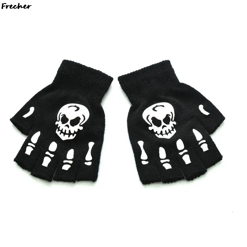 Mitaines d'Halloween pour Adultes, Gants d'Hiver Demi-Doigt, Squelette, Crâne, Brille dans la Nuit, Sans Doigts, 1 Paire