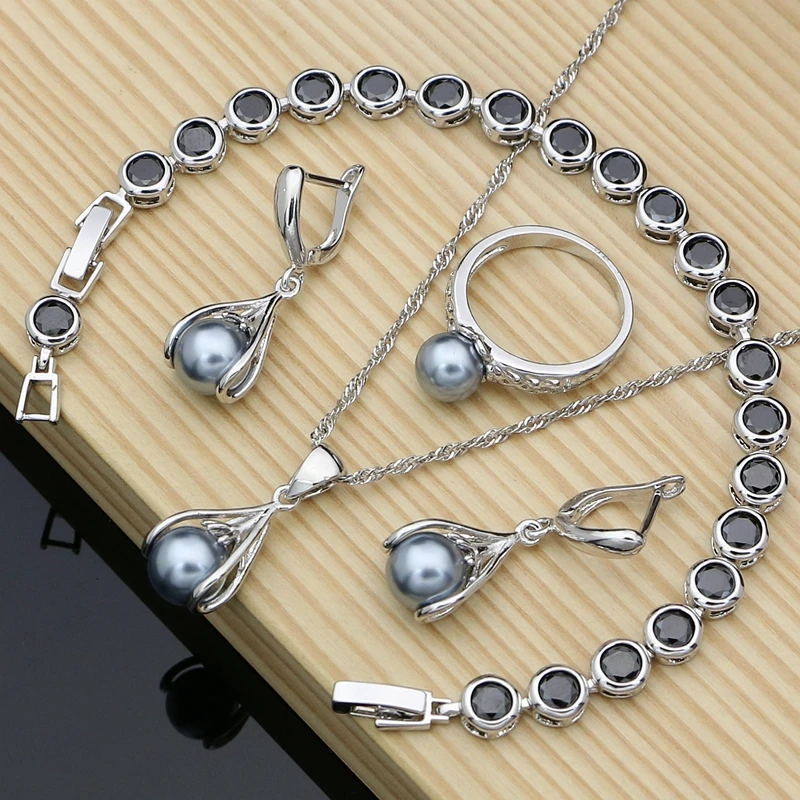 Women Valentine Gift Pearl Costume Silver 925 Jewelry Sets Charm Stone CZ Bracelet Necklaces Earrings Fashion LOVE Gift