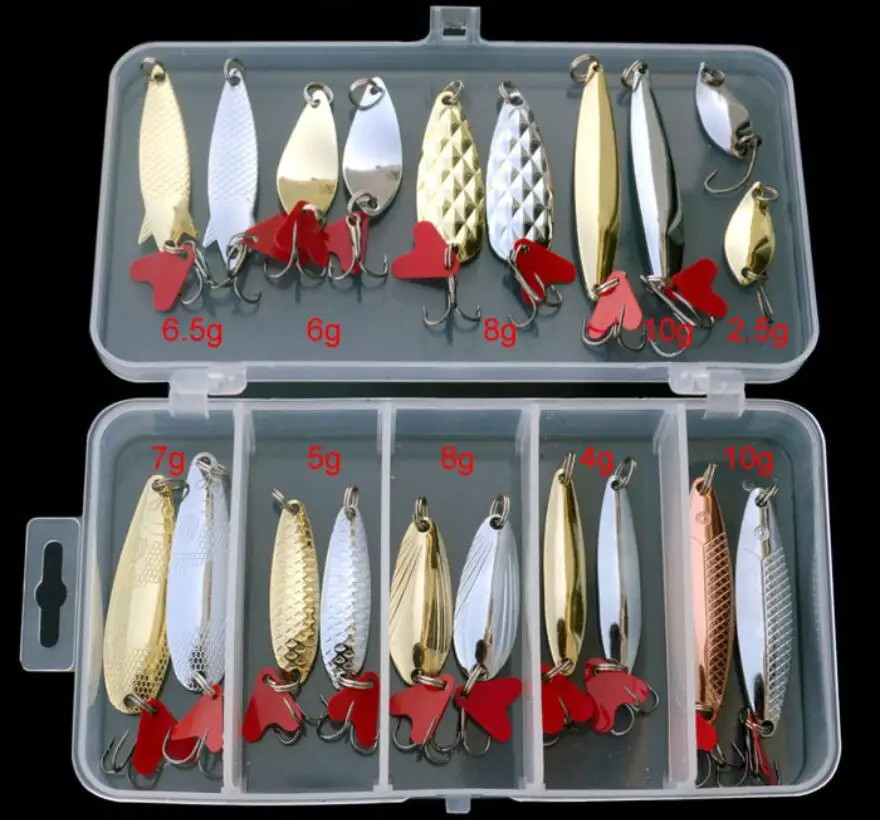 JYJ 20pcs per box colorful 2.5g 4g 5g 4.5g 6g 7g 8g 10g hard metal fishing spoon artificial lure set walleye trout spoon baits