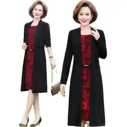 Mother Dress Spring Autumn Splicing Dress 2022 New Fake Two-Pieces  Temperament Middle-Aged And Elderly Long-Sleeved Dress Women