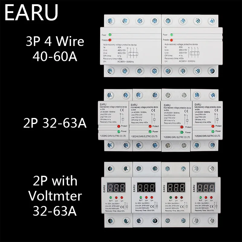 1 pc 32A 220V Din Rail Self Recovery Automatic Reconnect Over & Under Voltage Protector Lightening Protection Protective Relay