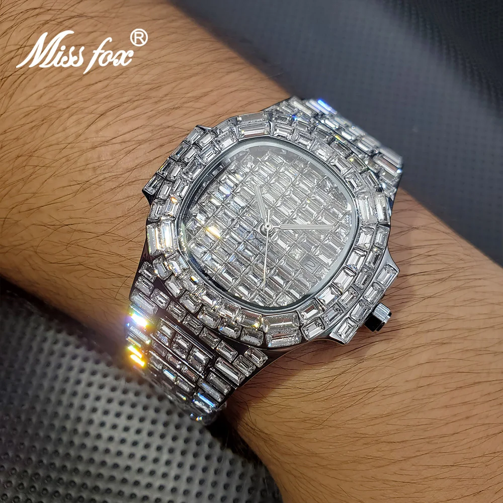 Montre Glacée de Luxe pour Homme, Hip Hop, Diamant, Argent, Quartz, Reloj Hombre, Haut de Gamme, Plongée, Acier Inoxydable, Dropshipping