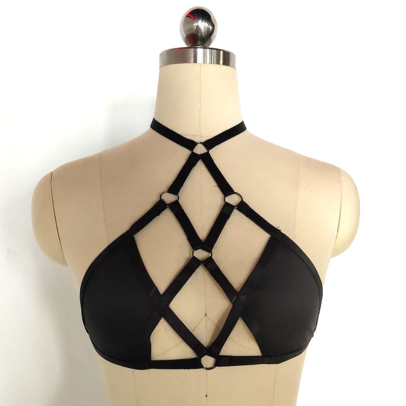 HANAERNES Elastic Black Triangle Network Harness Punk Rivet Sexy Cage Bra Gothic Bra Nightclub Sexy Lingerie Exotic Lingerie