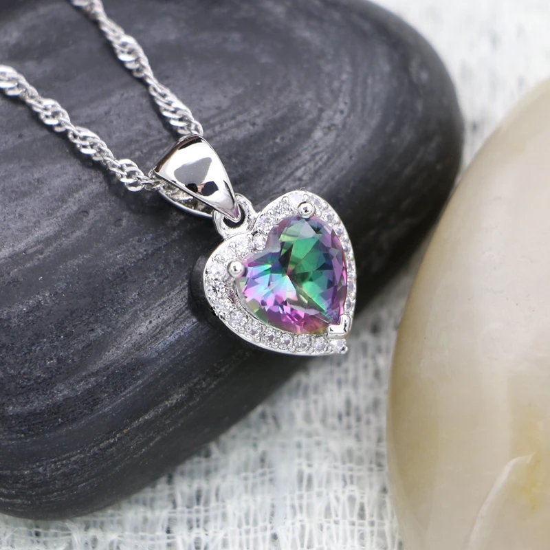 Silver 925 Heart Pendant Necklace for Women Multicolor Cubic Zirconia White Crystal Wedding Accessories