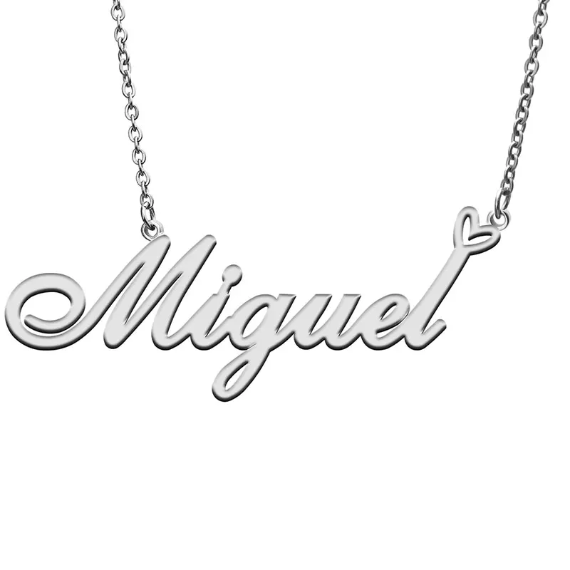 Miguel Name with Love Heart Necklace for Women Stainless Steel Jewelry Nameplate Pendant Femme Mother Child Girls Gift