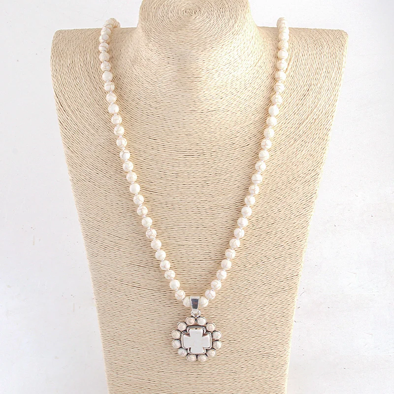 Fashion Bohemian Jewelry Accessory 8mm Stones Knotted With Stone Cross Pendant Necklaces For Women Boho Gift