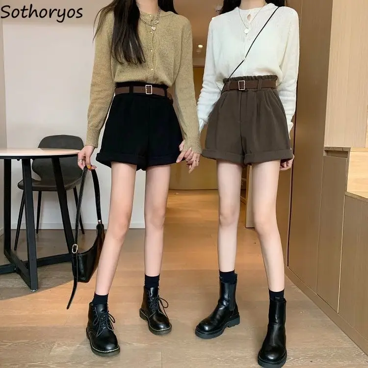 

Shorts Women Solid Retro Above-knee Autumn New Korean-style High-waist Leisure Wide-leg Elegant Ladies Street Wear Fashion Daily