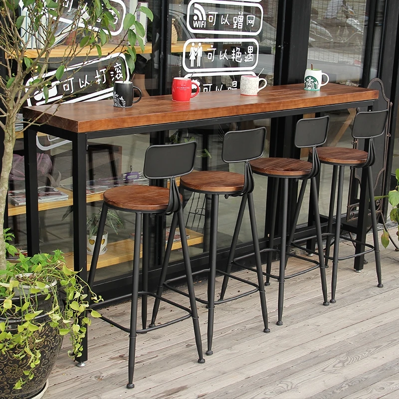 Retro Leisure Cafes Against the Wall Bar Table, Home High Bar Table, Long Solid Wood Metal Bar Table