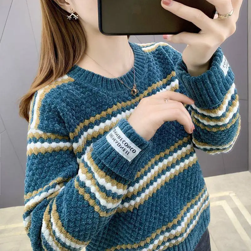 Fdfklak Stitching Color Winter Sweater Women Thick Spring Autumn 2022 New Student O Neck Pullover Korean Loose Tops Jersey Mujer