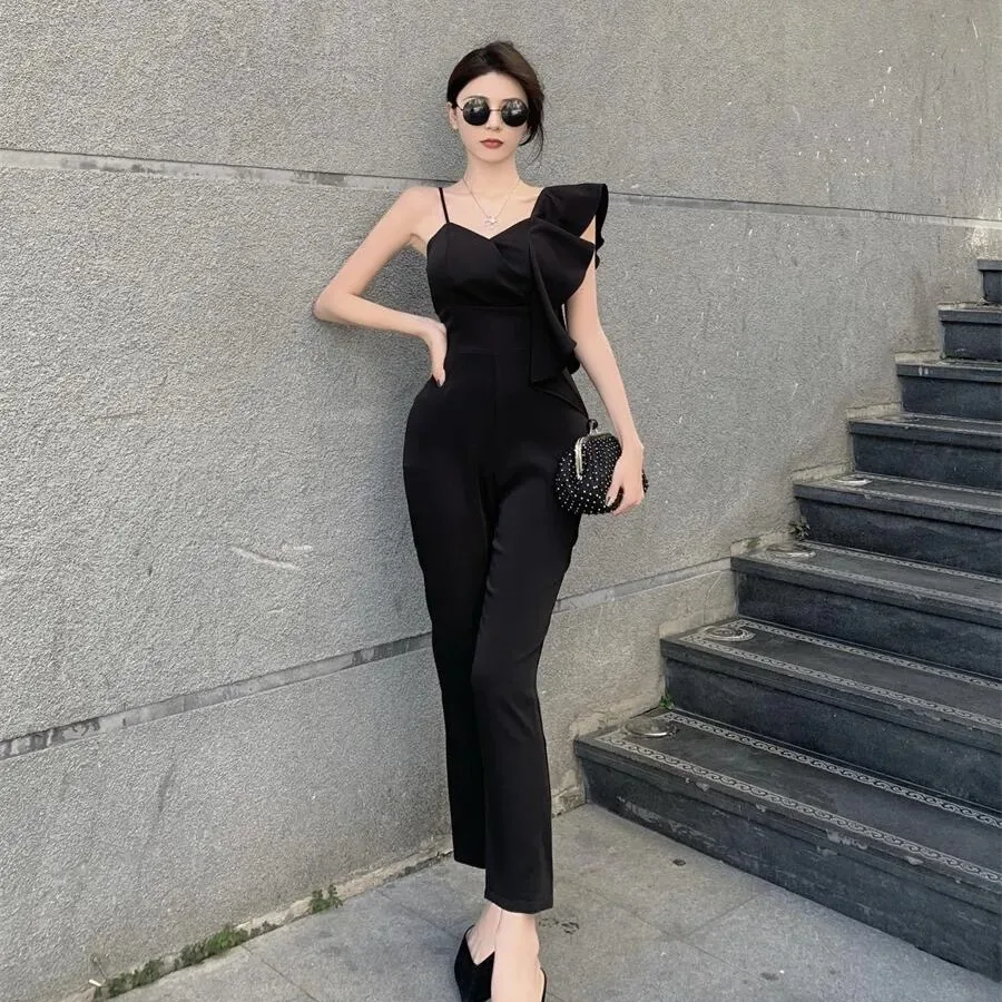 Elegant Spaghetti Shoulder Strap Jumpsuit Women Summer Ruffle High Waist Rompers Office Lady Slim Temperament Jumpsuit Party New