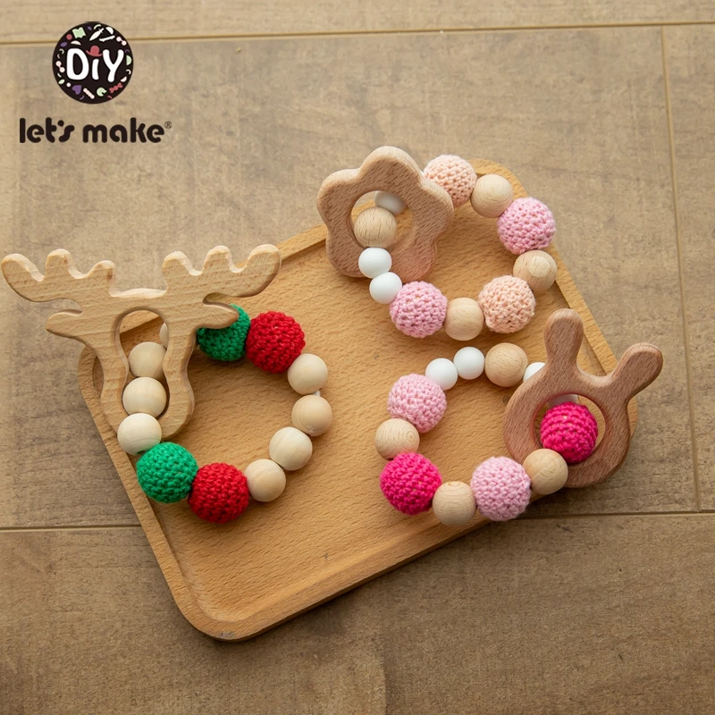 Baby Rattle Bracelet Wooden Toys Crochet Beads Baby Teether Christmas Gift Hedgehog Elk Wood Crafts Ring Engraved