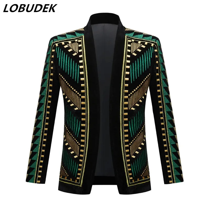 Male Singer Performance Stage Blazers Embroidery Tuxedo Suit Jacket Bar Nightclub Party Stage Performance Costume