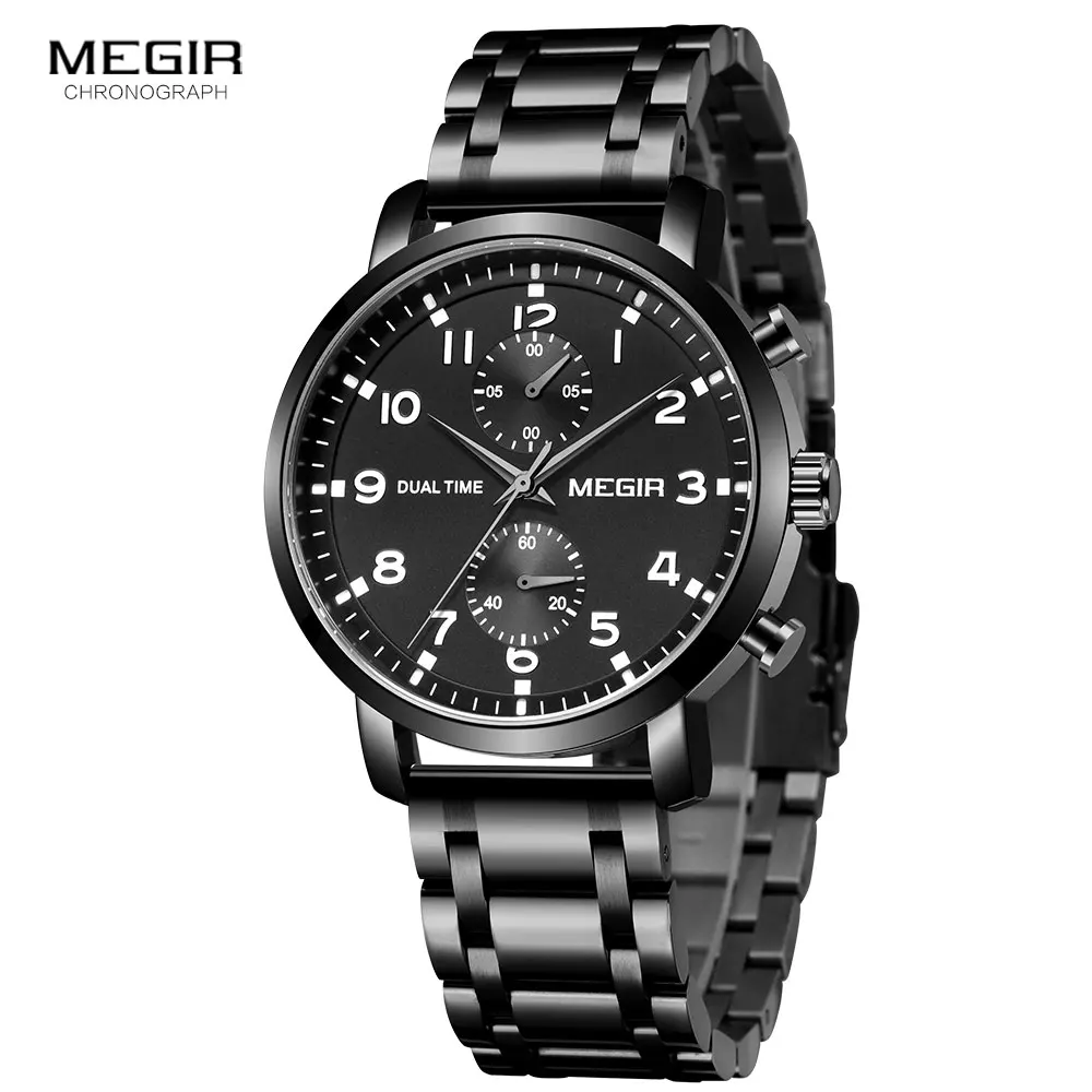 MEGIR Men Watches Fashion Chronograph Business Wrist Watch for Man Stainless Steel Waterproof Quartz Watch Leather Strap Relogio