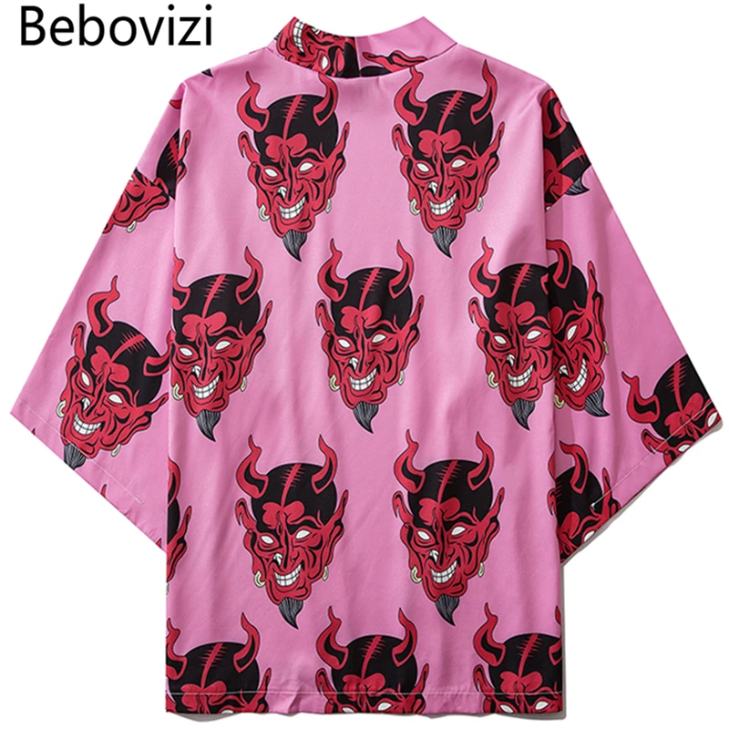 Bebovizi-cárdigan tradicional japonés para hombre, Kimono Harajuku, ropa de calle, disfraz con estampado de Diablo, bata Yukata de demonio Haori,