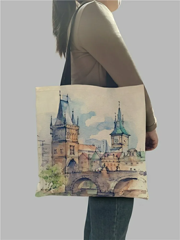 Watercolor Famous Building Painting Print Shoulder Bag For Lady Double Printing Women Handbags Shopping Bags Foldable  B13032