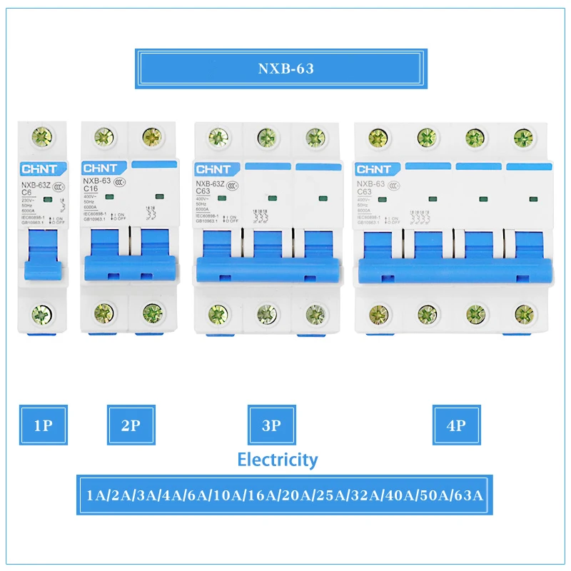 CHNT CHINT NXB-63 4P AC 230/400V Miniature Circuit Breaker C 6 10 16 20 25 32 40 63A Overload Protector  DZ47 C Style Air Switch