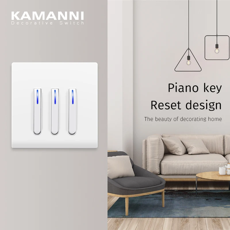 KAMANNI presa per interruttore di alimentazione a parete Design chiave per pianoforte bianco con indicatore LED pannello in plastica presa francese europea da 1/2 Gang