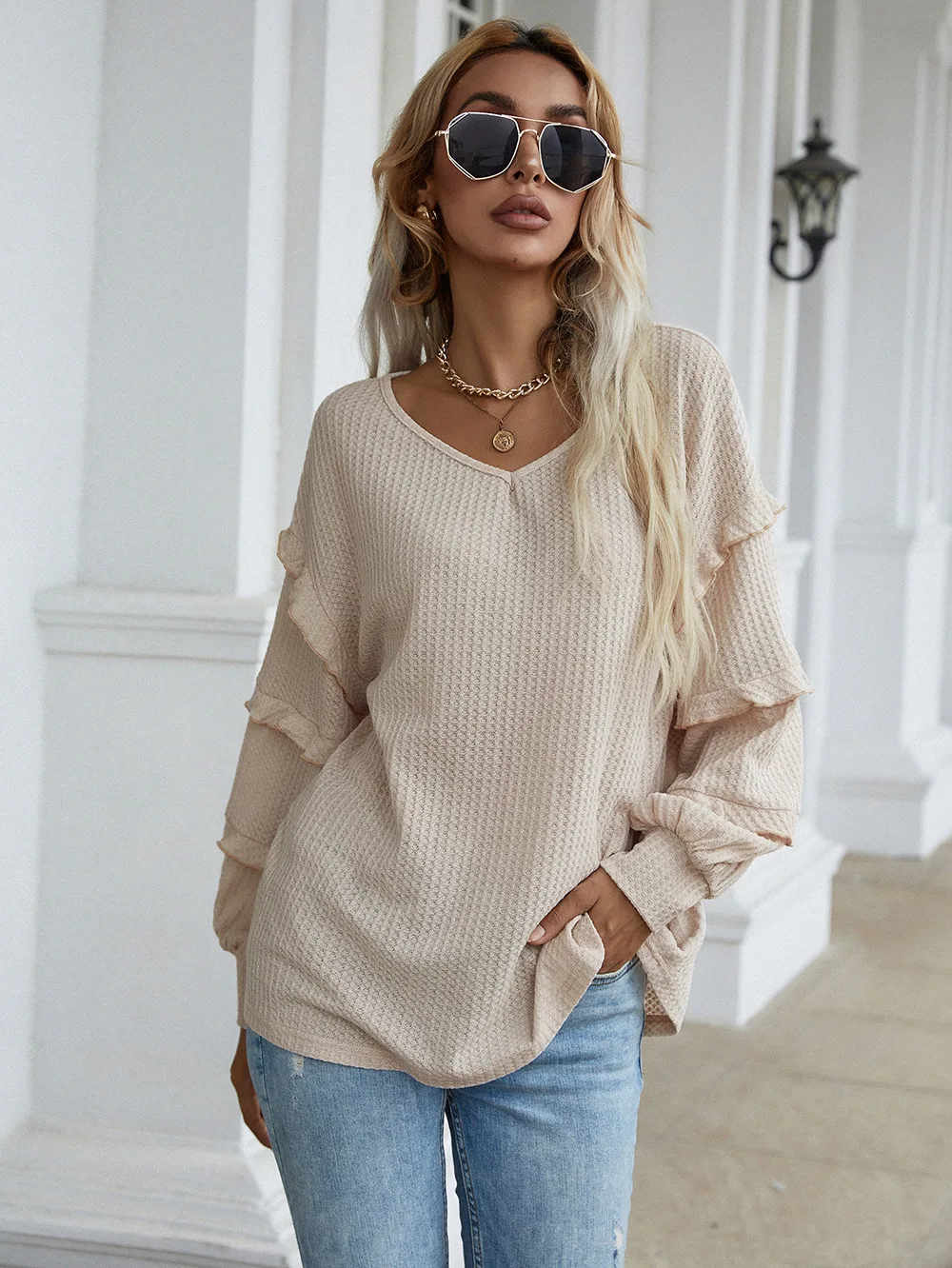 Women's Casual Petal Sleeve T Shirt Apricot Color Tops Female 2021 Autumn Ladies Design Pullovers Long Sleeve V Neck Tops