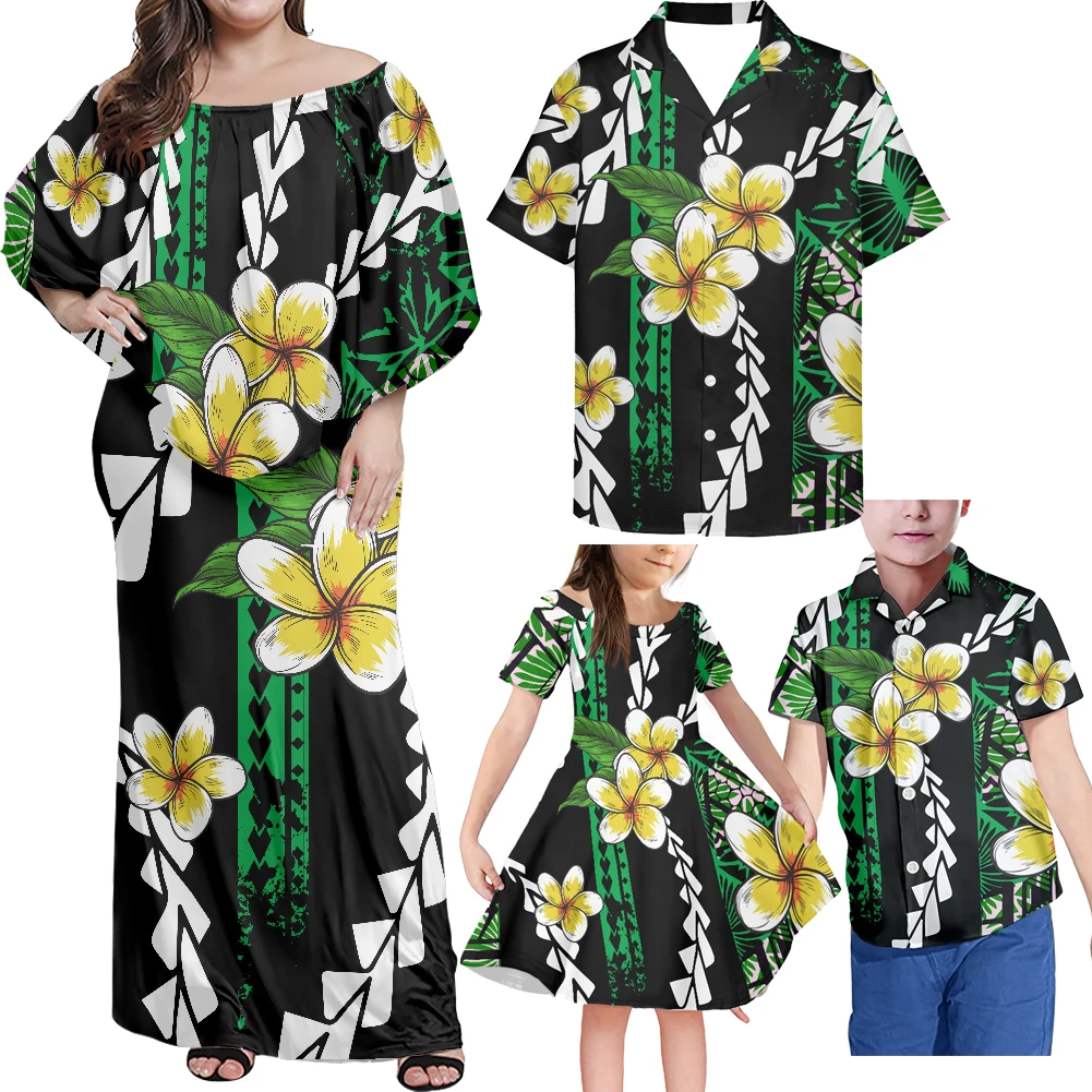 

HYCOOL Hawaiian Vacation Samoa Matching Couple Clothes Hibiscus Print Morher And Daughter Outfits Polynesian Family Clothing Set