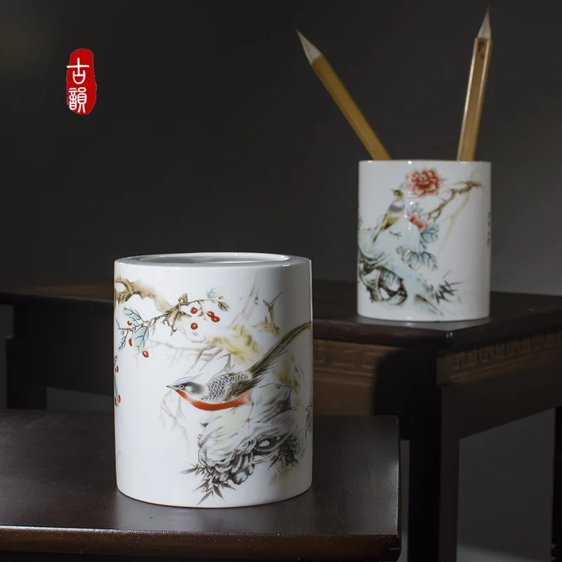 

Jingdezhen Ceramic Flower And Bird Pen Holder Antique Chinese Style Stationery Container Office Storage Accessories