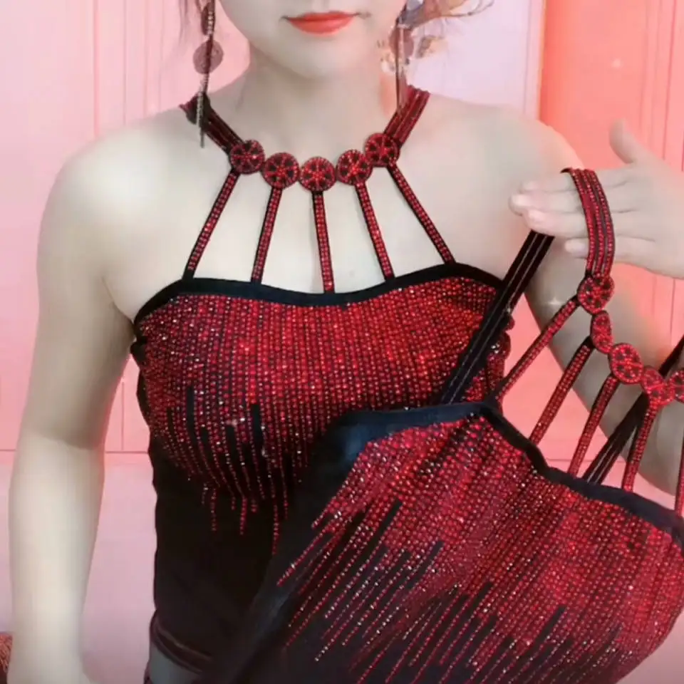 بلوزة مزين بالترتر بدون حوامل للنساء ، شرابات كريستال من حجر الراين ، قميص أساسي للسيدات ، بلوزات صوفية ضيقة مرنة ، بلوزة صيفية بحمالات ، #2