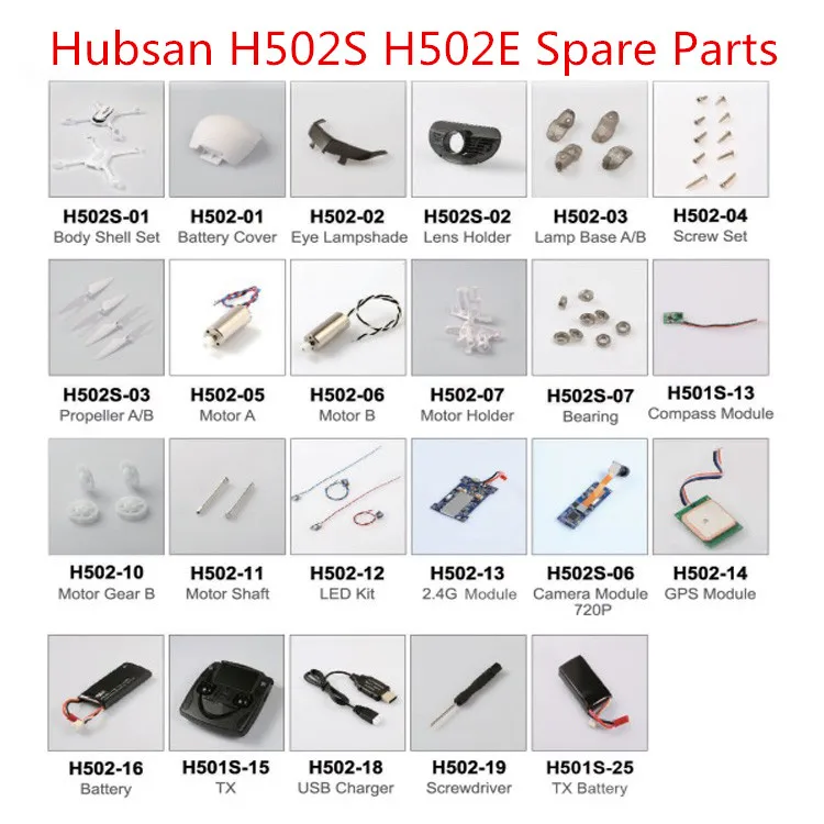 Hubsan H502S H502E RC drone Spare Parts blade motor gear motro seat charger Receiver Protective ring camera Bearing shaft etc