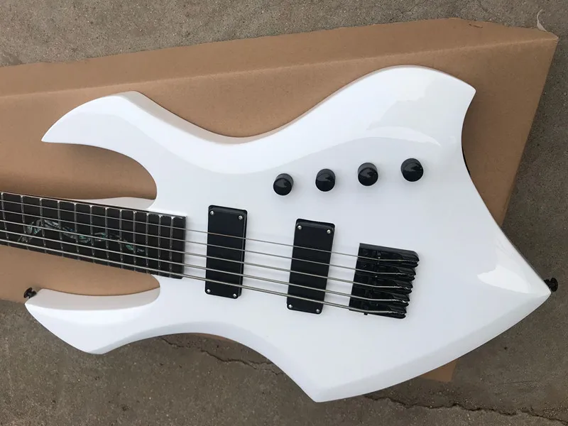 White body 5 strings Electric Bass Guitar with Colorful Pearl Snake Pattern,Black hardware,Active pickups,Rosewood fingerboard